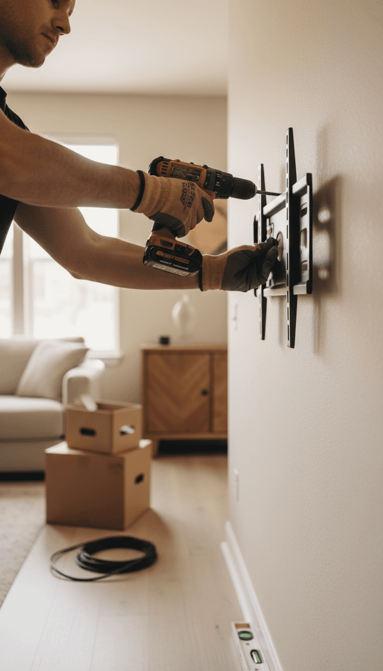 Hands of a handyman installing a TV mount on a living room wall