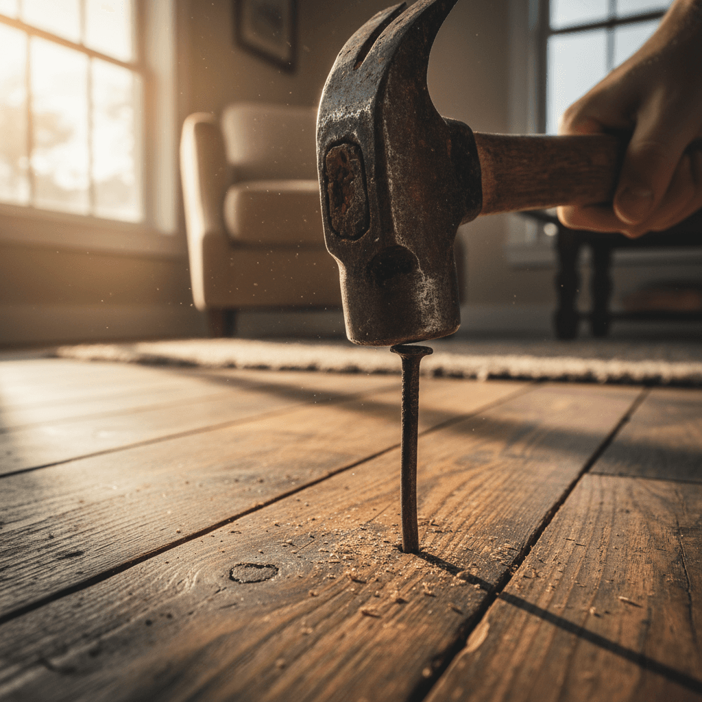 Hammer nailing a floor board into place