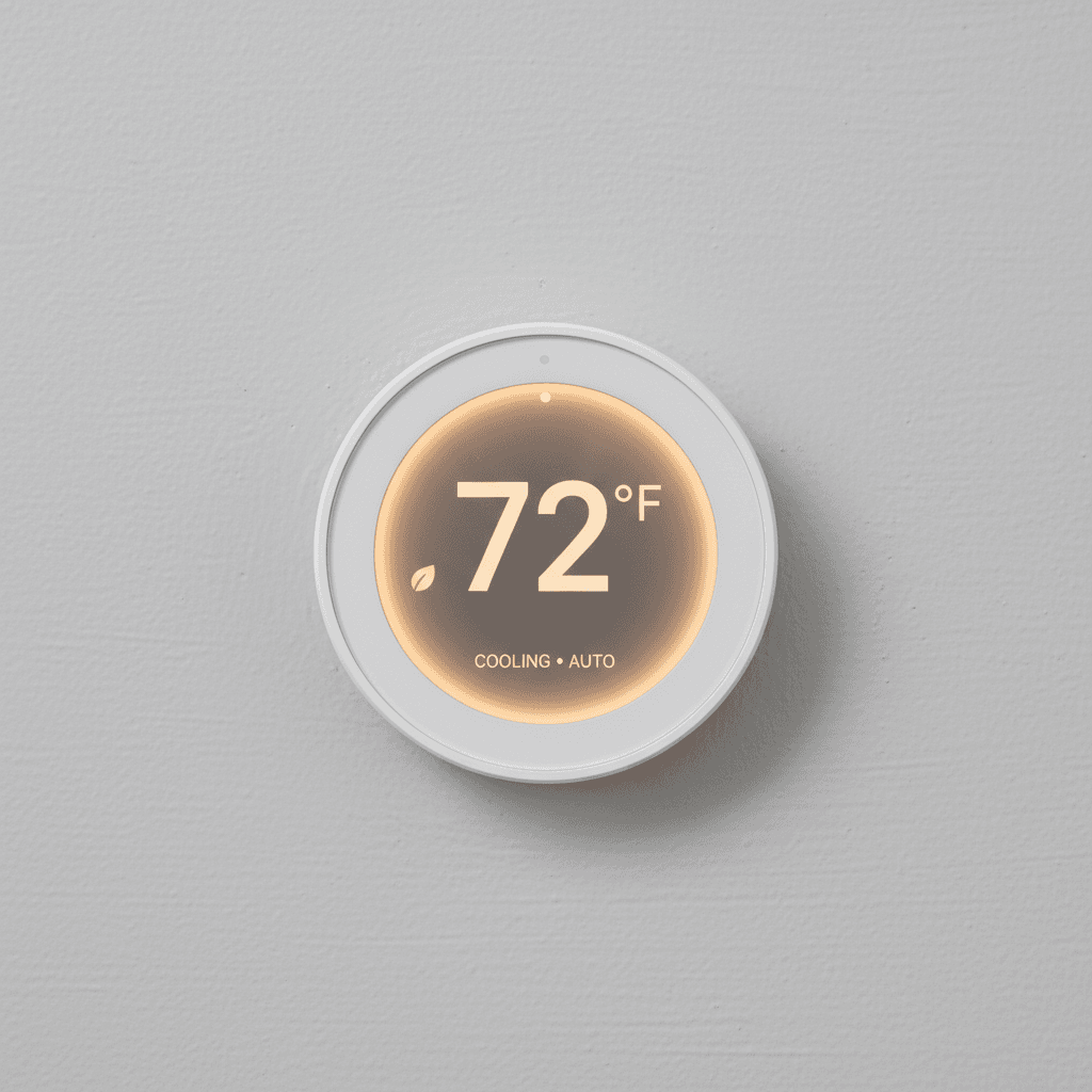 Smart thermostat installed on a painted wall with screen display