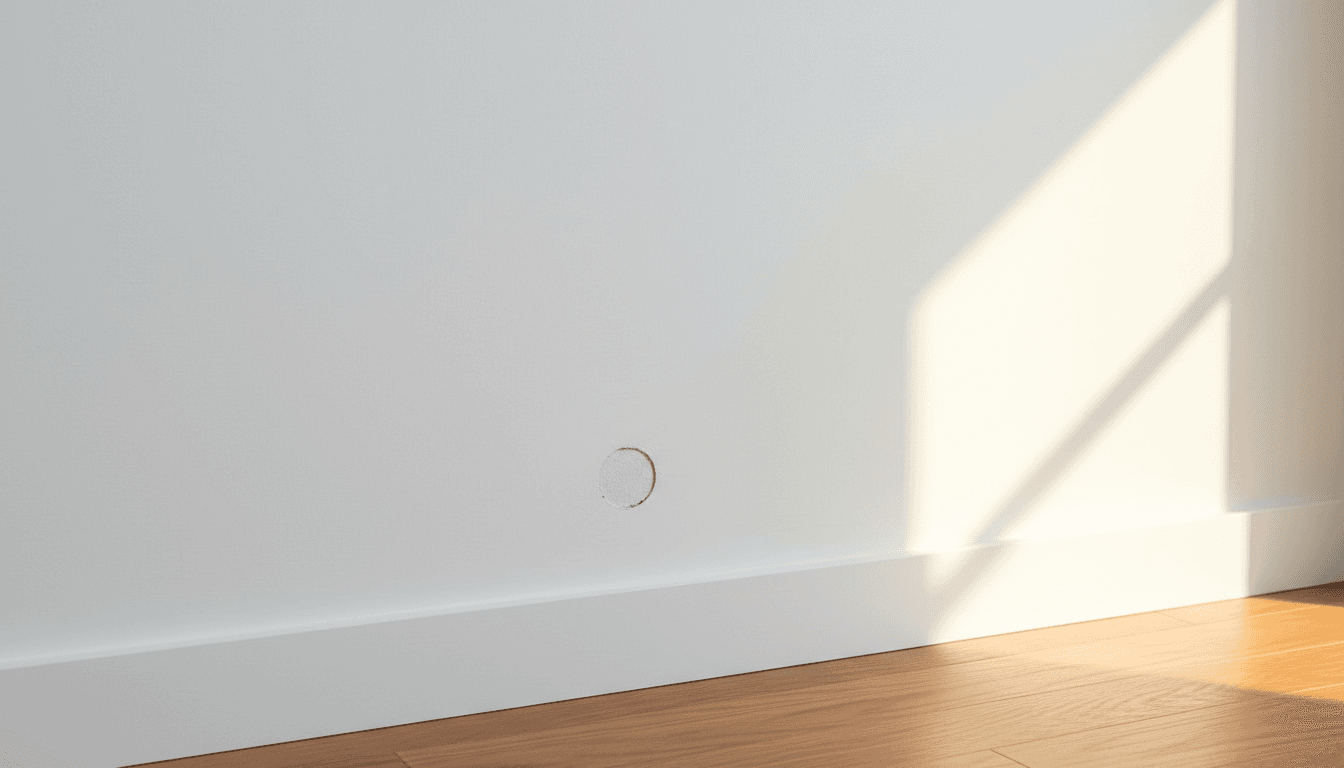 Smoothly patched and painted wall corner in a bright room with wood floors