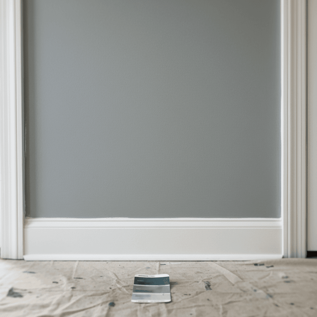 Freshly painted wall with clean trim detail and drop cloth
