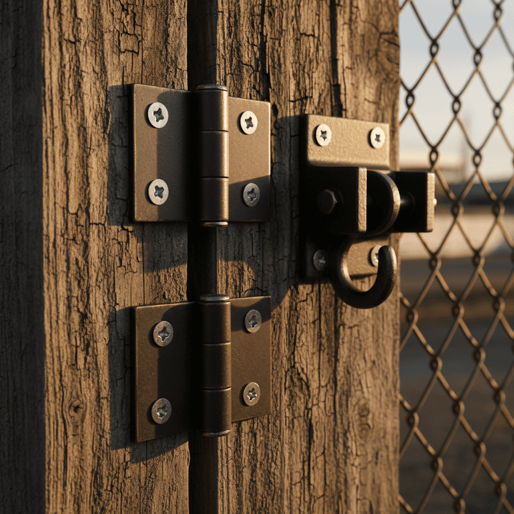 Repaired wooden fence gate with new hinges and latch