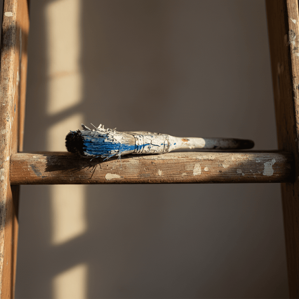 Paintbrush resting on a wooden ladder rung with dried paint