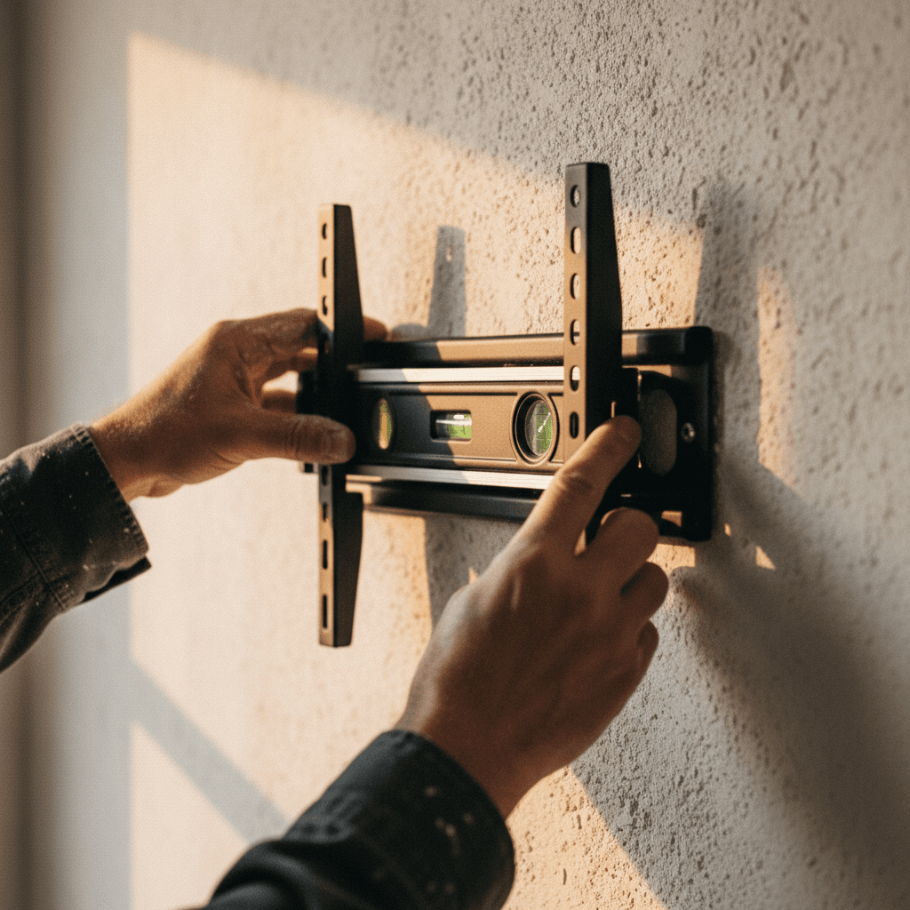 Hands using a level to mount a TV bracket on a rough-textured wall