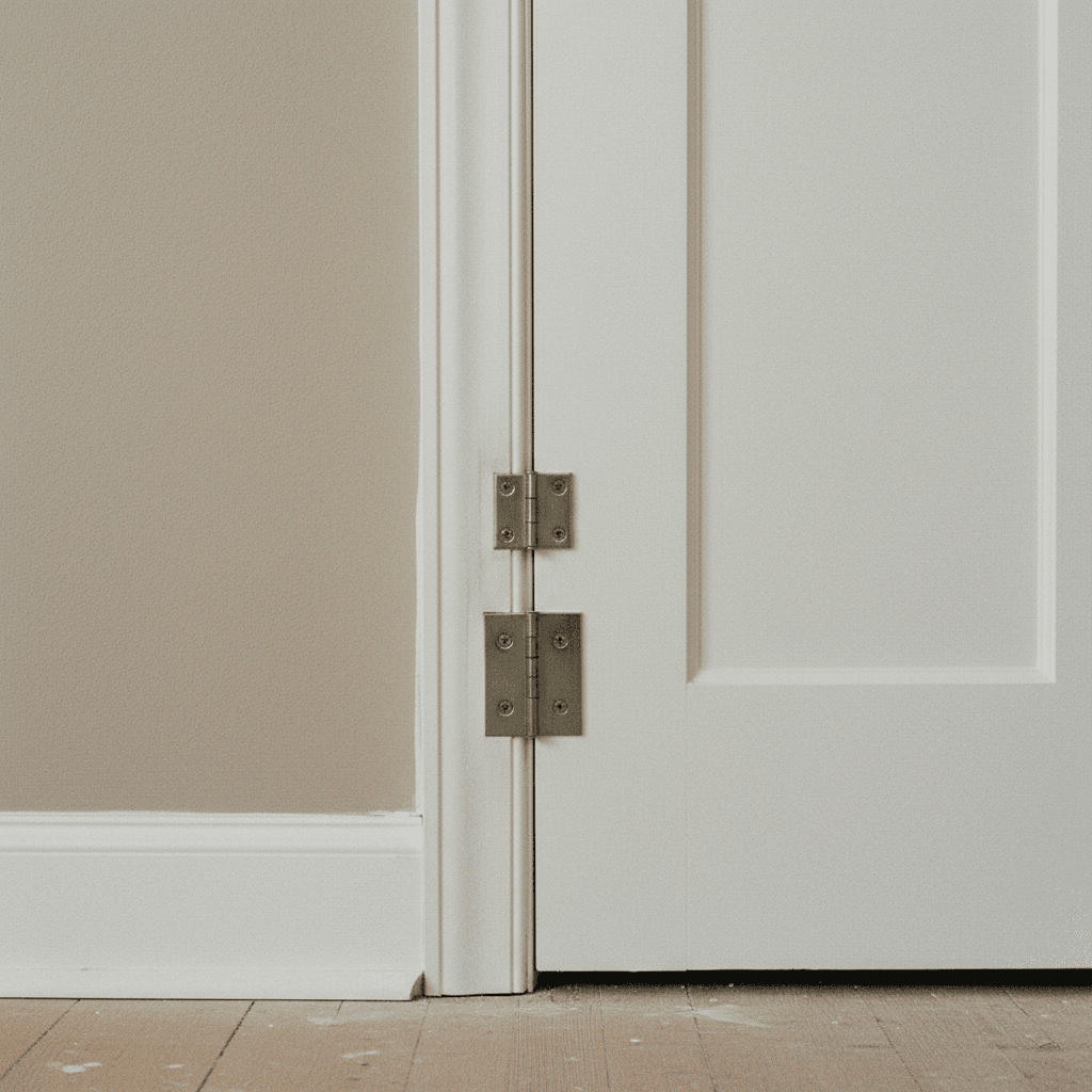 Repaired door jamb with new hinges and fresh paint