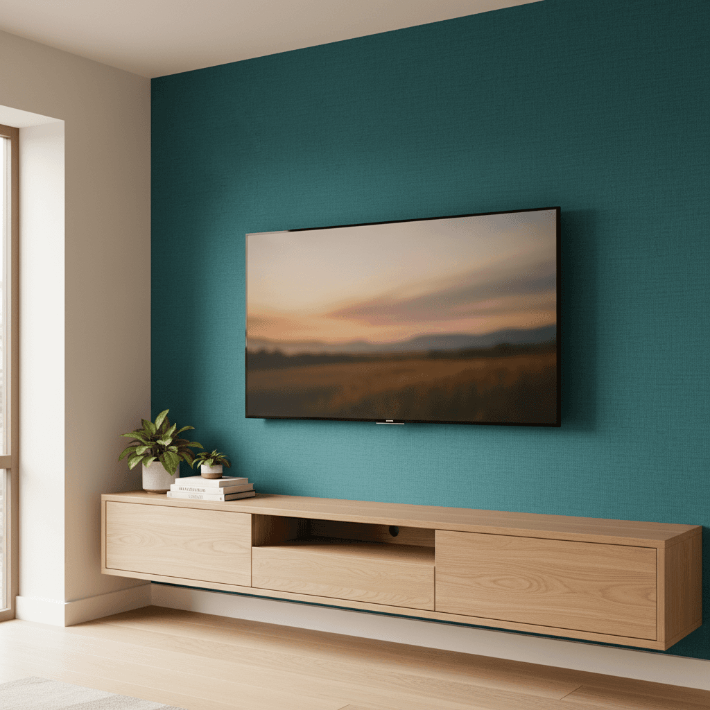 TV mounted on a textured accent wall with cable management