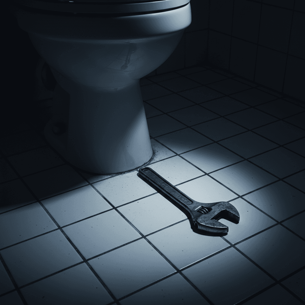 Wrench on bathroom tile floor near a toilet base
